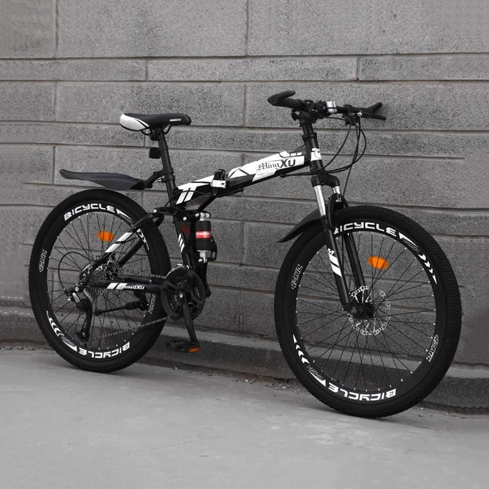 دوچرخه کوهستانی تاشو 24 دنده ای ATV با دنده دوبل 24 اینچی، کمک فنر دوگانه، مناسب دانشجویان مرد و زن، ترمز دیسکی، کمک فنر دوقلو، مناسب برای تردد شهری و هدیه به والدین (رنگ: مشکی، سایز: 26 اینچ)