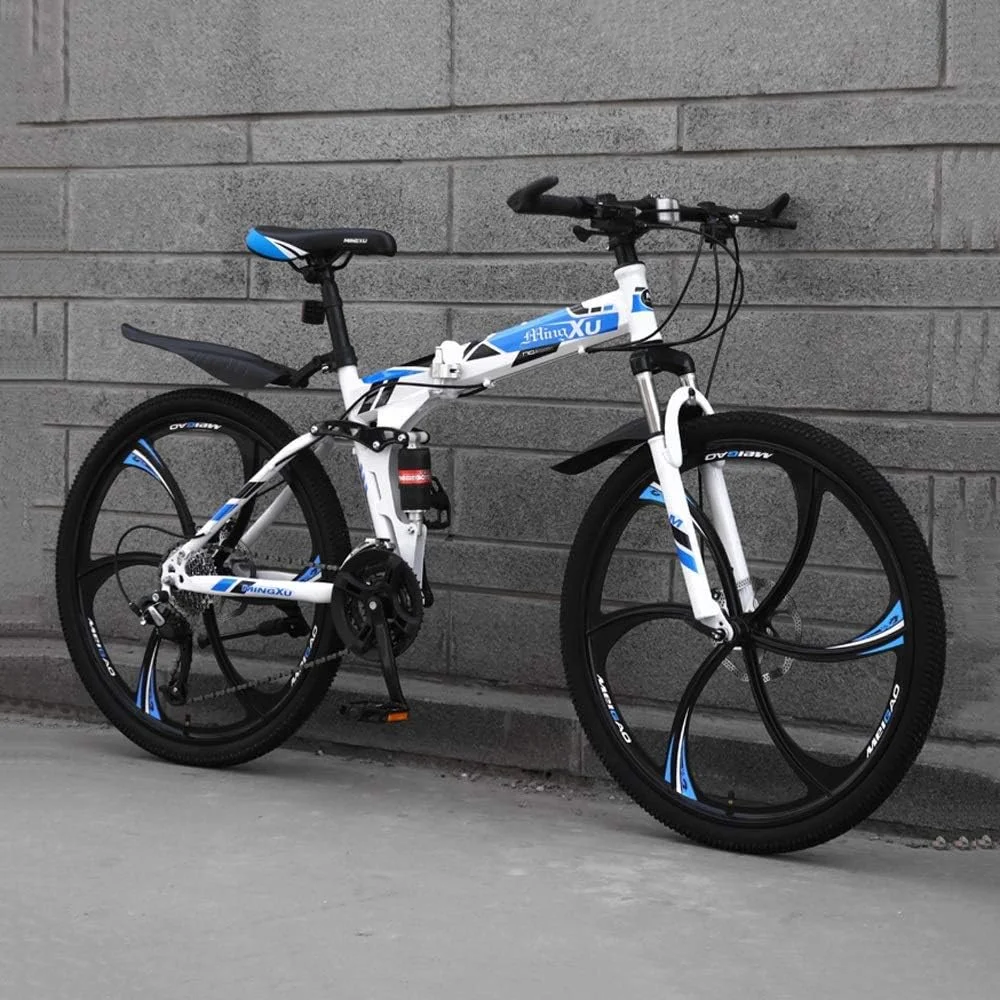 دوچرخه کوهستانی تاشو فلزی 24 سرعته ATV 24 اینچی دو سرعته با میرایی، مناسب دانشجویان مرد و زن، ترمز دیسکی، دوگانه شهری، میرایی، هدیه مناسب بزرگسالان (رنگ: آبی، سایز: 24 اینچ)