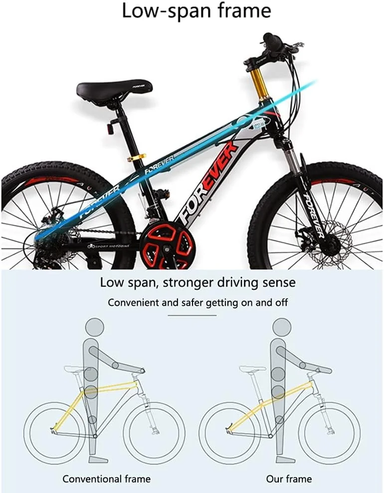 دوچرخه کوهستان 24 سرعته مناسب فضای باز، دوچرخه جاده ای سایز 22 اینچ برای کودکان با ترمز دیسکی دوبل جلو و عقب مناسب برای پسران و دختران با قد 140-165 سانتی متر (مشکی)