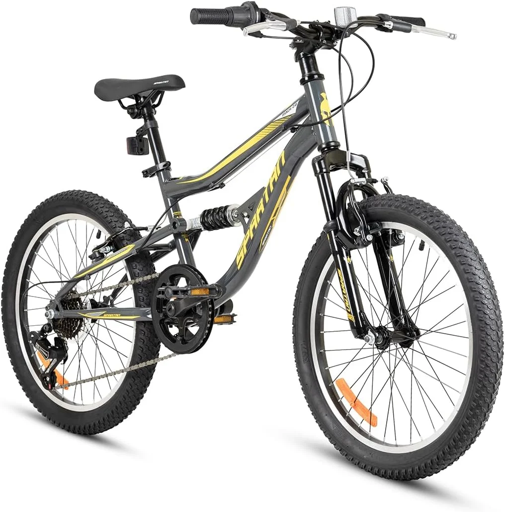 دوچرخه کوهستانی بچه‌گانه اسپارتان مدل Mach 2.0 سایز 20 اینچ – دارای سیستم تعلیق جلو، دنده شیمانو 6 سرعته، فریم فولادی، زین قابل تنظیم – مناسب پسران 6 تا 9 سال – دوچرخه تریل با لاستیک‌های آج‌دار و طراحی اسپرت | SP-3297