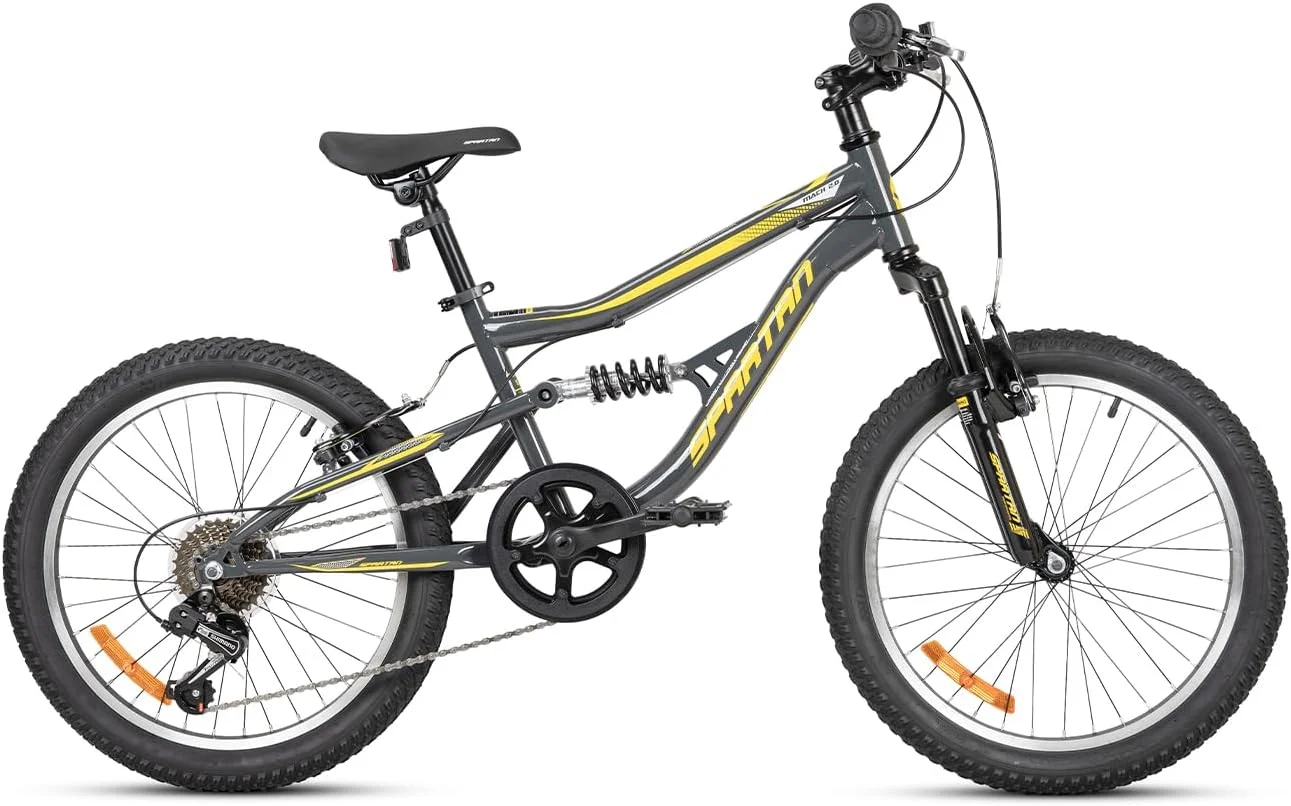 دوچرخه کوهستانی بچه‌گانه اسپارتان مدل Mach 2.0 سایز 20 اینچ – دارای سیستم تعلیق جلو، دنده شیمانو 6 سرعته، فریم فولادی، زین قابل تنظیم – مناسب پسران 6 تا 9 سال – دوچرخه تریل با لاستیک‌های آج‌دار و طراحی اسپرت | SP-3297