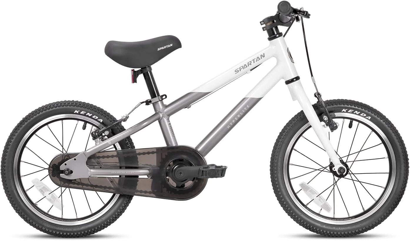 دوچرخه بچه گانه اسپارتان هایپرلایت آلیاژی 16 اینچی سفید/طلایی | فریم فوق سبک 7 کیلوگرمی، ترمزهای تکترو، لاستیک های کندا و طراحی ارگونومیک برای سنین 4 تا 7 سال | SP-3325-WHTGO-16