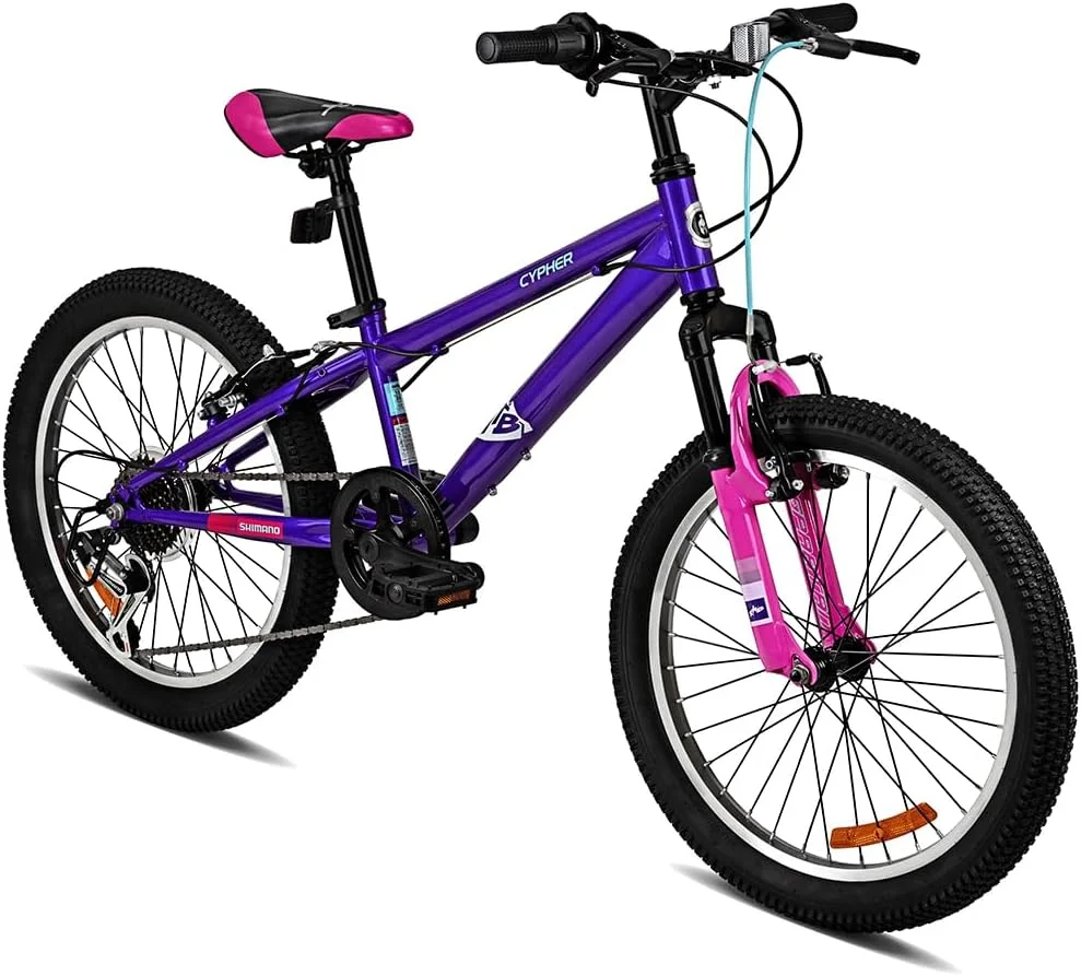 دوچرخه کوهستانی دخترانه اسپارتان سایفر 20 اینچ - دارای سیستم تعلیق جلو، دنده های 6 سرعته شیمانو، فریم فولادی، زین قابل تنظیم - مناسب برای سنین 6 تا 9 سال - طراحی آبی-سبز و بنفش با لاستیک های آج دار برای سواری در مسیرهای ناهموار | SP-3228