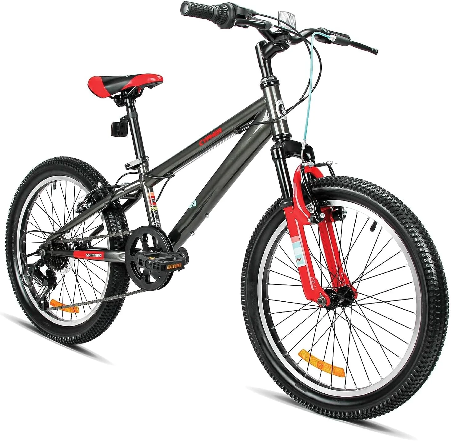 دوچرخه کوهستانی اسپارتان سایفر ۲۰ اینچ | دوچرخه کوهستان با شانژمان و دنده شیمانو | ترمز و طوقه آلیاژی | کمک فنر جلو - نارنجی نعنایی مشکی جت صورتی جیغ