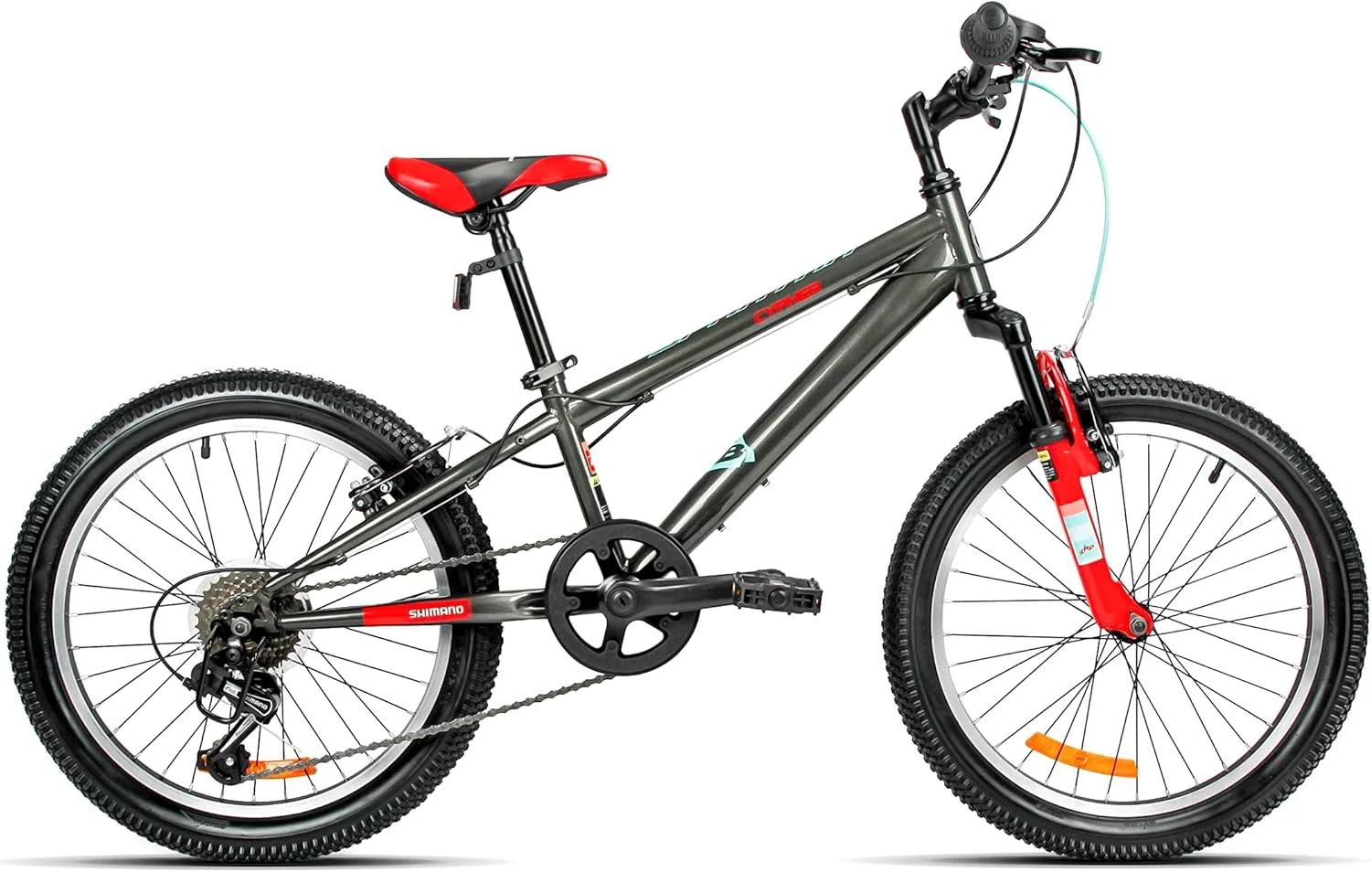 دوچرخه کوهستانی اسپارتان سایفر ۲۰ اینچ | دوچرخه کوهستان با شانژمان و دنده شیمانو | ترمز و طوقه آلیاژی | کمک فنر جلو - نارنجی نعنایی مشکی جت صورتی جیغ