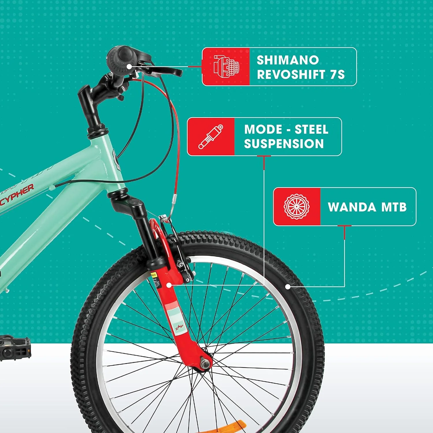 دوچرخه کوهستانی اسپارتان سایفر ۲۰ اینچ | دوچرخه کوهستان با شانژمان و دنده شیمانو | ترمز و طوقه آلیاژی | کمک فنر جلو - نارنجی نعنایی مشکی جت صورتی جیغ