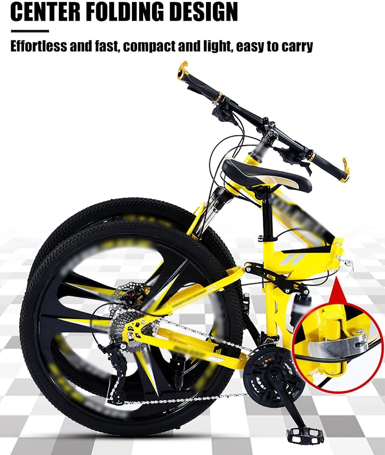 دوچرخه کوهستانی تاشو 24 و 26 اینچی، 21 دنده، دارای سیستم تعلیق دوگانه، ترمزهای دیسکی دوبل، چرخ سه پره، دوچرخه های مناسب تمام سطوح برای آقایان و بانوان