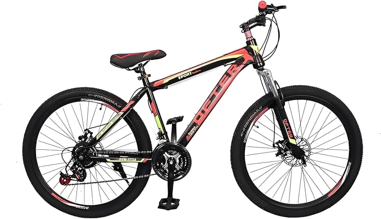 دوچرخه کوهستان سایز 26 اینچ | 21 دنده | بدنه فولادی کربنی مستحکم | سیستم تعلیق دوشاخ جلو | مناسب برای آقایان و بانوان | (مشکی/قرمز، 26)