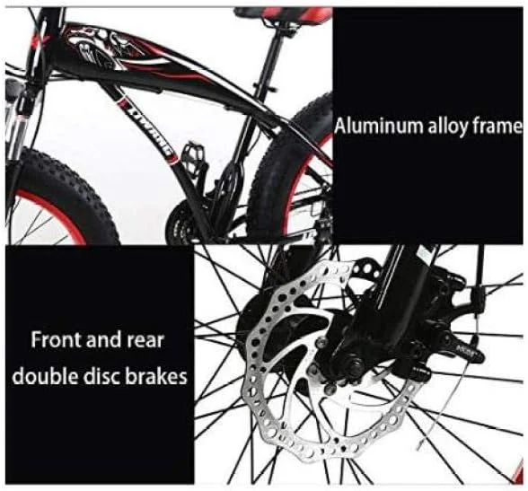 دوچرخه کوهستان مردانه با 7/21/24/27 دنده، دوچرخه جاده ای تایر پهن 26 اینچی، دوچرخه برفی با پدال و ترمز دیسکی و دوشاخ تعلیق، مشکی قرمز، 21 دنده