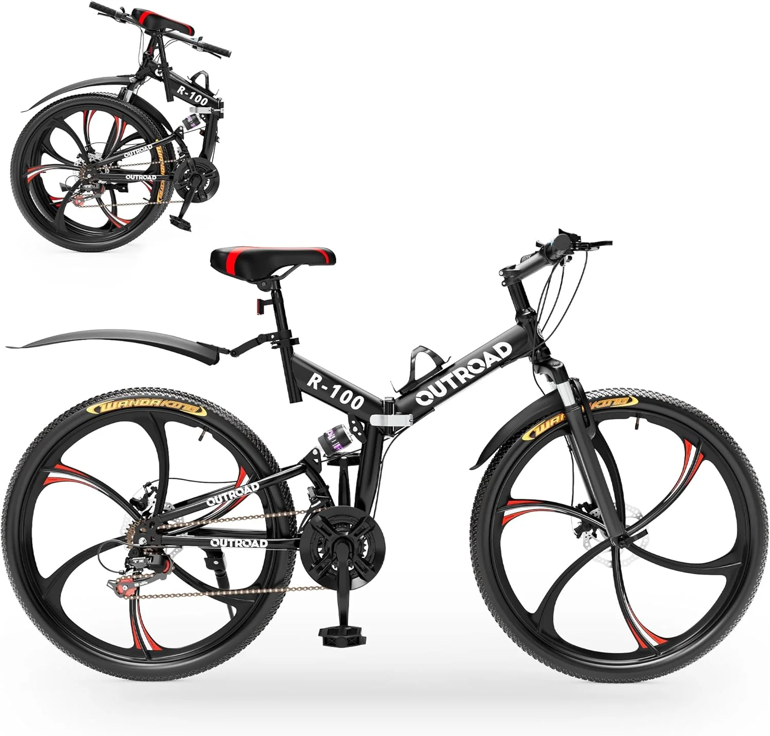 دوچرخه کوهستانی تاشو Outroad سایز 26 اینچ، 21 دنده با ترمز دیسکی دوبل، دوچرخه تاشو ضد لغزش با سیستم تعلیق کامل، دوچرخه کوهستانی تاشو فولادی کربنی برای بزرگسالان/آقایان/خانم ها، مشکی