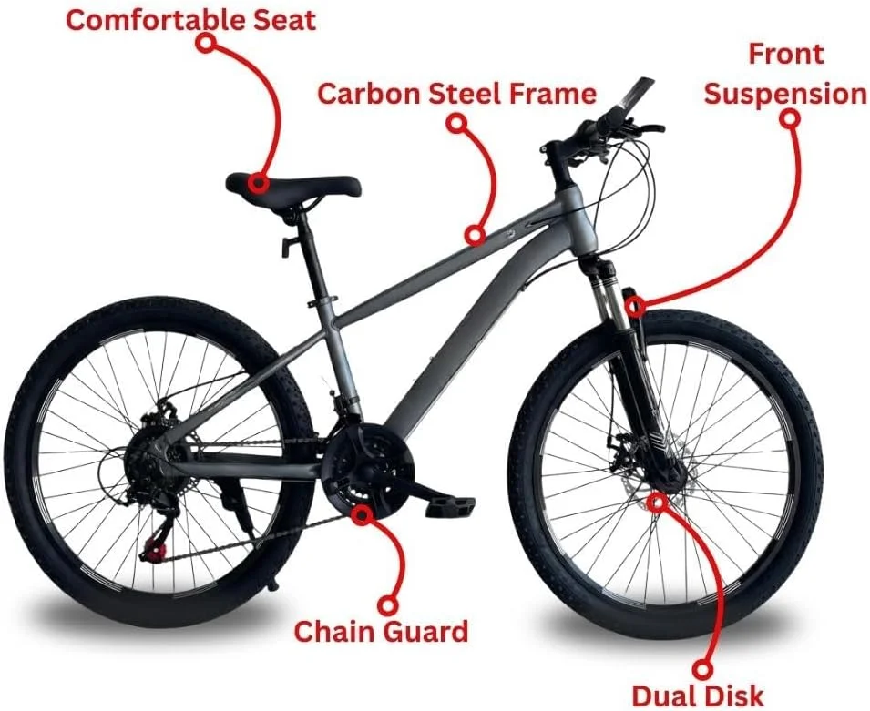 دوچرخه کوهستان سایز 24 اینچ | سیستم دنده 21 سرعته | دوچرخه با فریم فولادی سنگین | دوچرخه کوهستان همه کاره مناسب تمام مسیرها