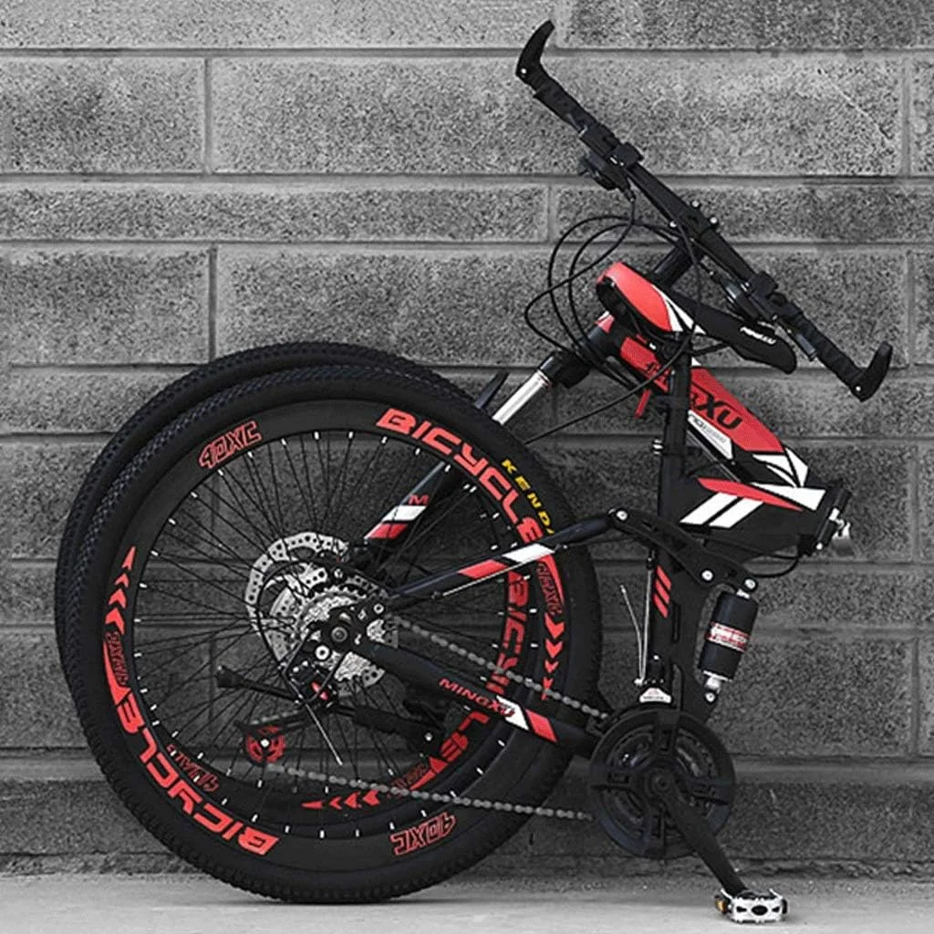 دوچرخه کوهستانی تاشو با چرخ 24 اینچی، سیستم تعویض دنده متغیر و سیستم کمک فنر دوبل، مناسب برای خانم ها و آقایان، ورزش های فضای باز، دوچرخه رفت و آمد شهری، سایز بزرگ (رنگ: قرمز، سایز: 21 دنده)