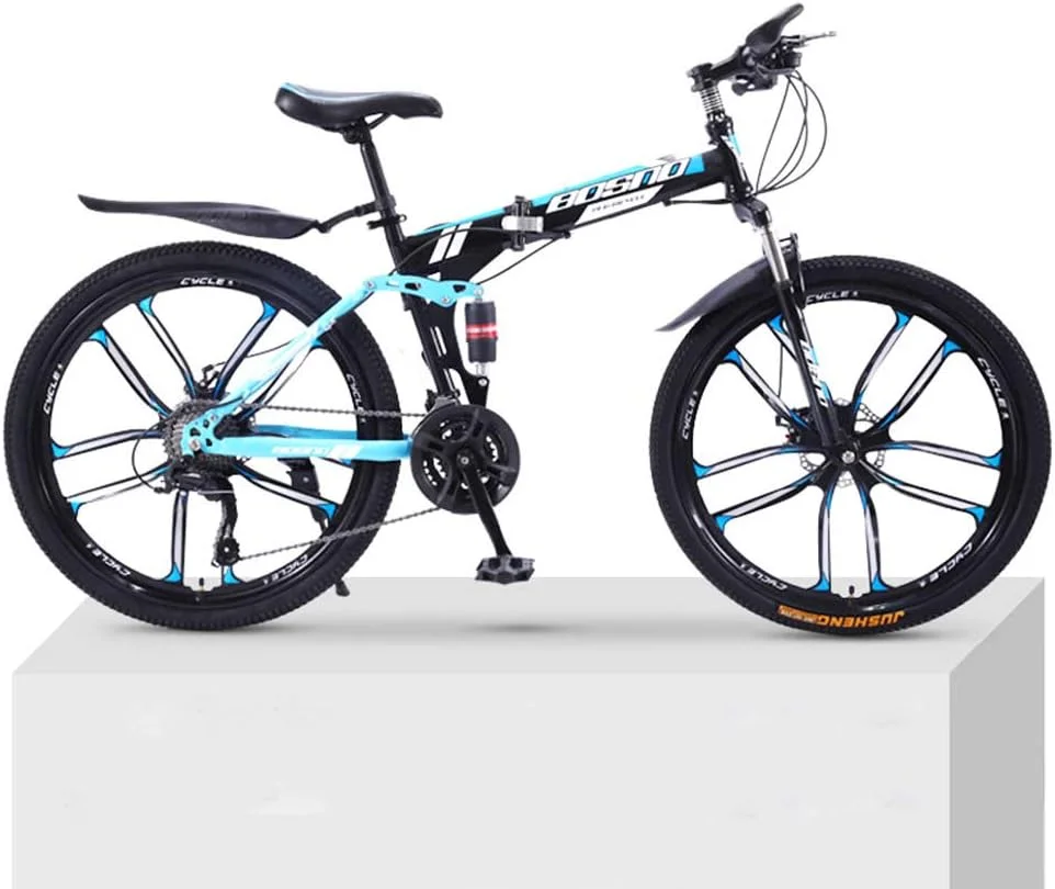 دوچرخه کوهستانی تاشو 21 سرعته با 10 پره، کمک فنر دوبل، مناسب برای مسیرهای ناهموار، سرعت متغیر، مناسب آقایان و بانوان، مشکی آبی، سایز 26 اینچ