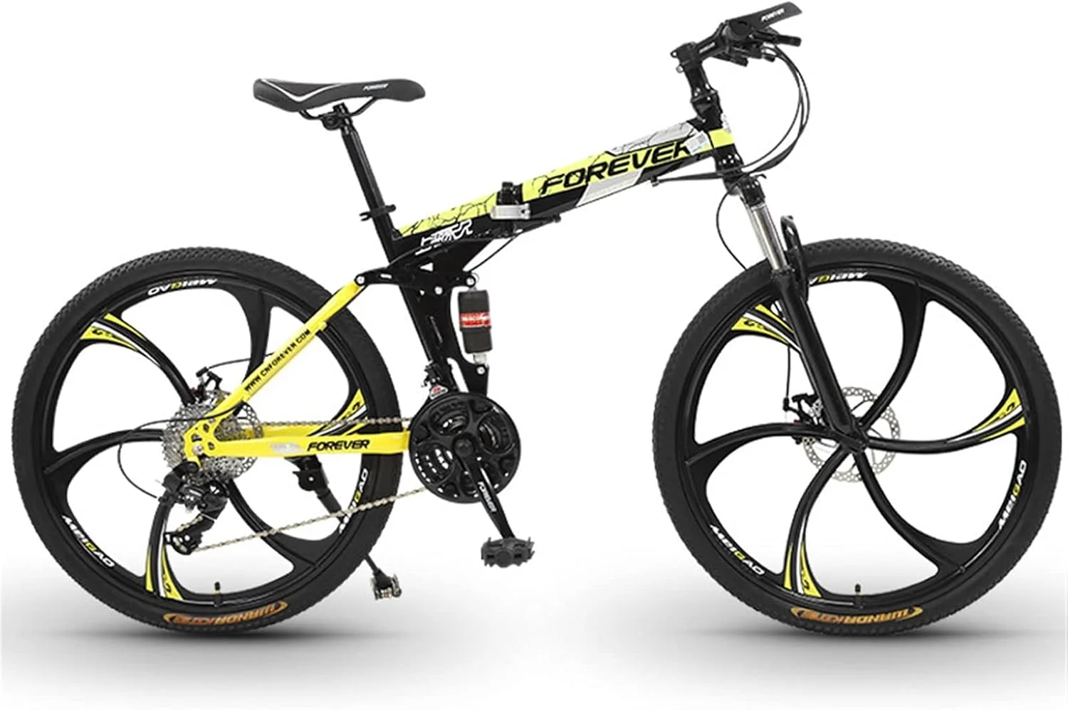 دوچرخه کوهستانی تاشو با سیستم جذب دوگانه ضربه در جلو و عقب و دارای چرخ شش تیغه