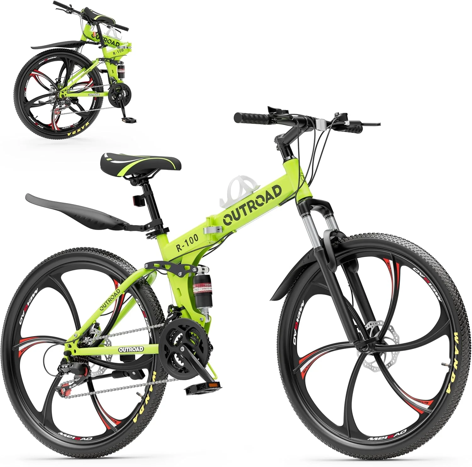 دوچرخه تاشو 26 اینچی مناسب بزرگسالان/دوچرخه کوهستان، دوچرخه کوهستانی 21 سرعته با سیستم تعلیق کامل، ترمز دیسکی دوبل، فریم فولادی کربنی، دوچرخه تاشو برای مردان/زنان/نوجوانان، LH-سبز