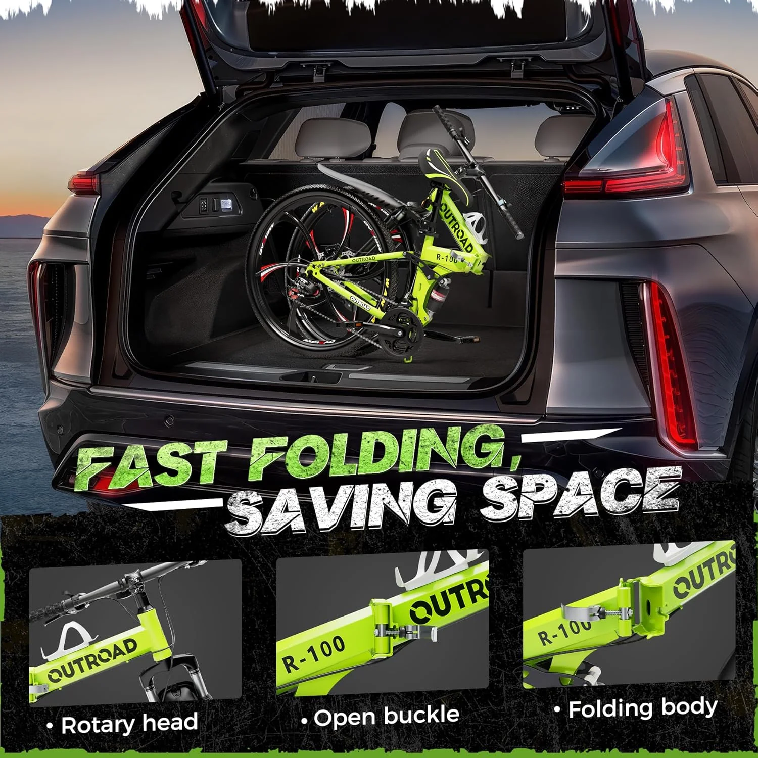 دوچرخه تاشو 26 اینچی مناسب بزرگسالان/دوچرخه کوهستان، دوچرخه کوهستانی 21 سرعته با سیستم تعلیق کامل، ترمز دیسکی دوبل، فریم فولادی کربنی، دوچرخه تاشو برای مردان/زنان/نوجوانان، LH-سبز