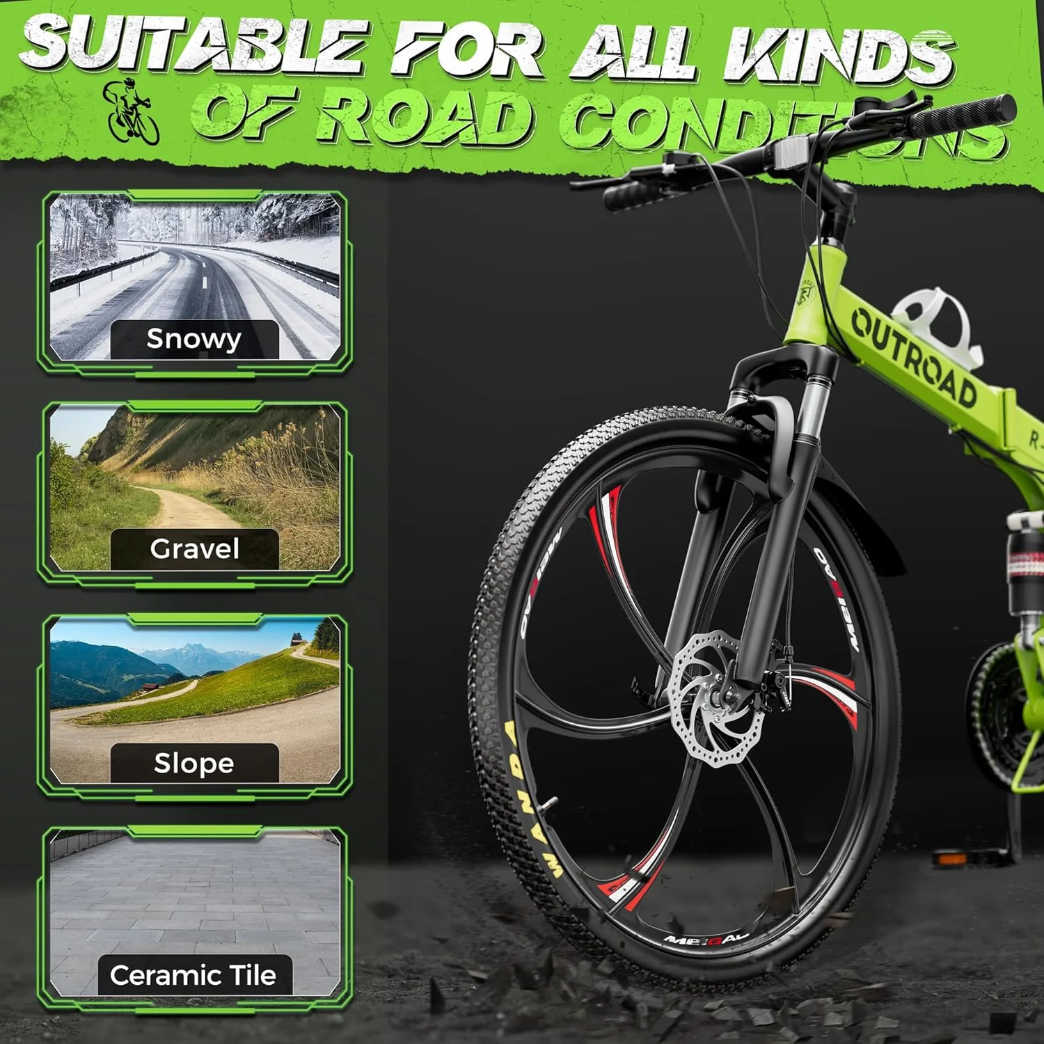 دوچرخه تاشو 26 اینچی مناسب بزرگسالان/دوچرخه کوهستان، دوچرخه کوهستانی 21 سرعته با سیستم تعلیق کامل، ترمز دیسکی دوبل، فریم فولادی کربنی، دوچرخه تاشو برای مردان/زنان/نوجوانان، LH-سبز