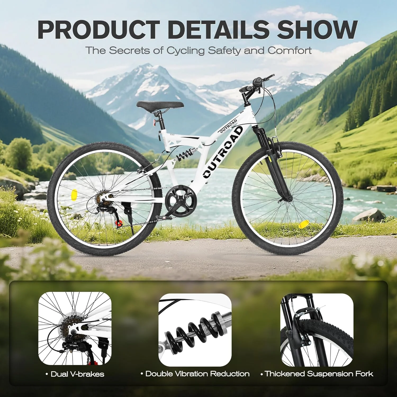 دوچرخه کوهستان برای بزرگسالان، سایز 26 اینچ، 7 دنده، دارای سیستم تعلیق دوگانه، ترمز وی-بریک دوگانه، در رنگ های مختلف