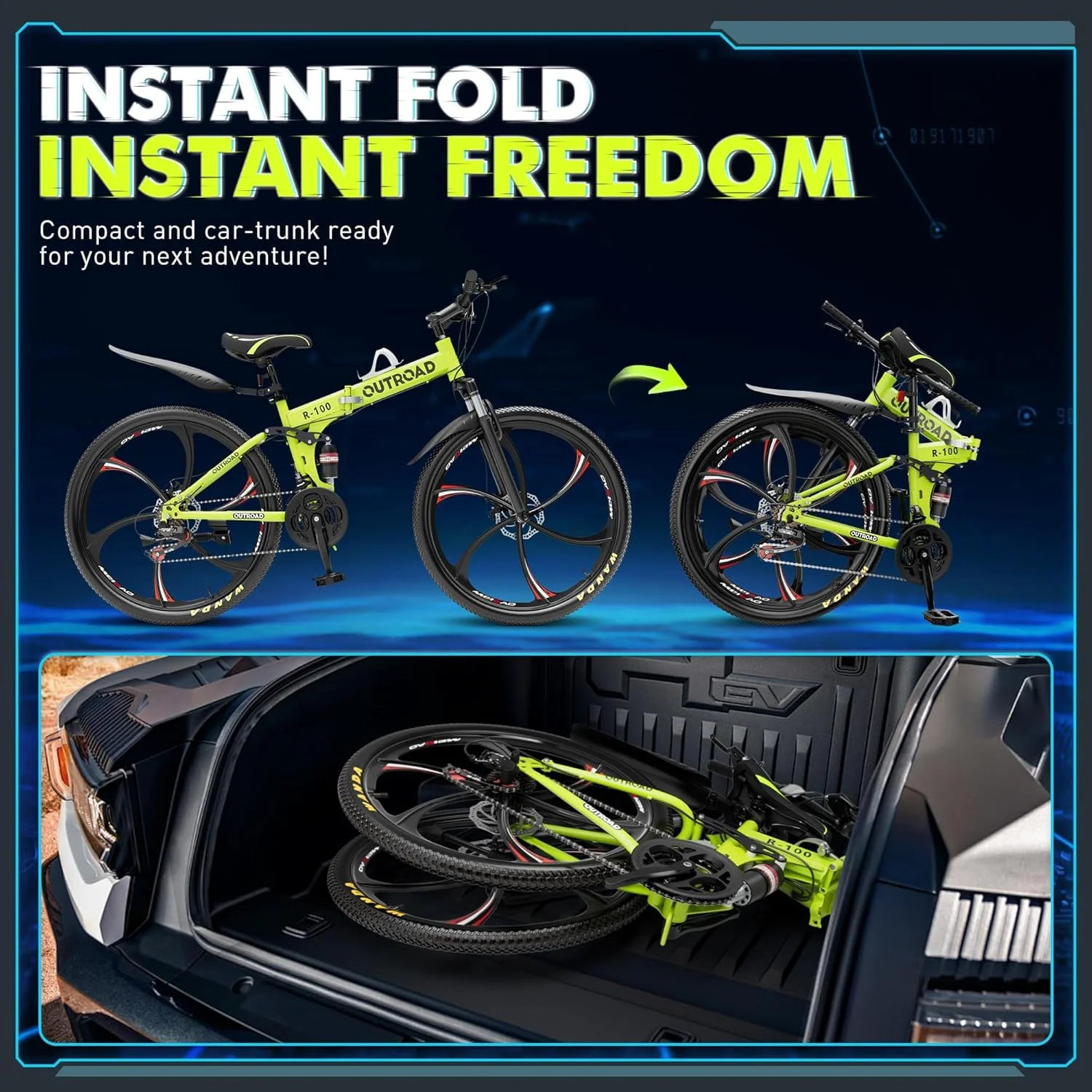 دوچرخه کوهستانی تاشو 26 اینچی، 21 سرعته با سیستم تعلیق کامل و فولاد کربنی، ترمز دیسکی دوگانه ضد لغزش با رینگ رهاسازی سریع، مناسب بزرگسالان/آقایان/خانم ها