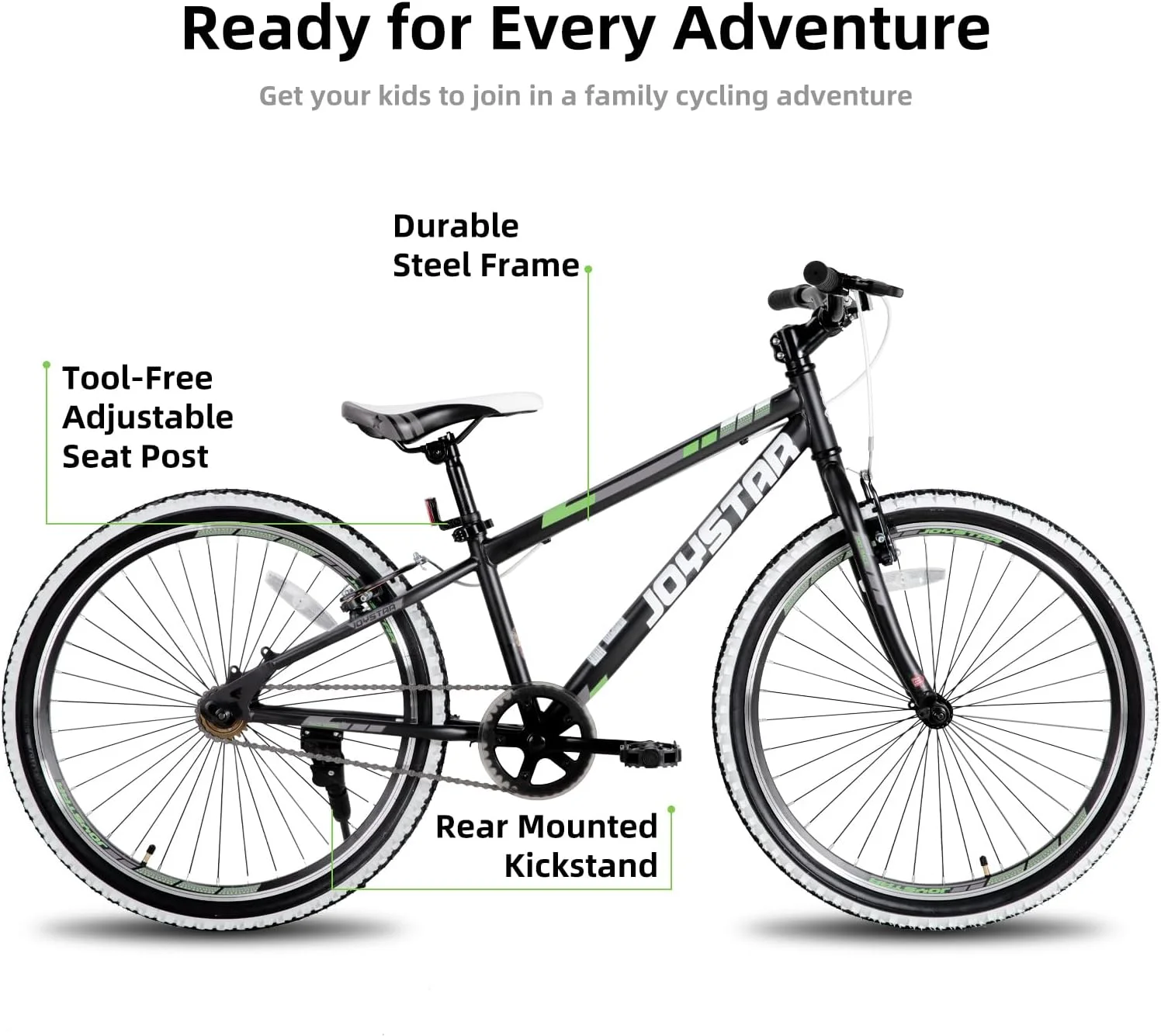 دوچرخه بچه گانه JOYSTAR Lubbock سایز 24 اینچ مناسب پسران و دختران 9 تا 12 سال، دوچرخه کوهستانی Hardtail 24 اینچی با فریم فولادی و سیستم تک سرعته به همراه جک، دوچرخه 24 اینچی مشکی