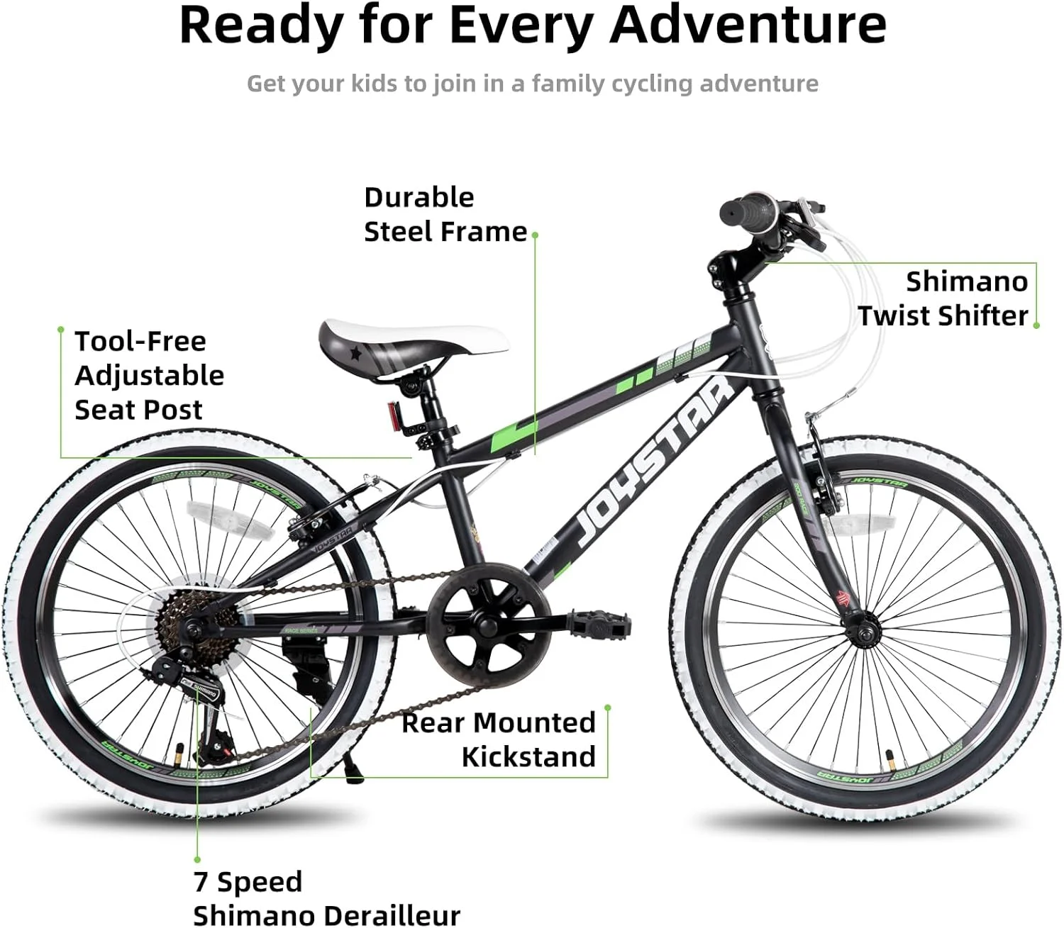 دوچرخه بچه گانه ۲۰ اینچی JOYSTAR Lubbock مناسب پسران و دختران ۷ تا ۱۰ سال، دوچرخه کوهستانی Hardtail ۲۰ اینچی برای کودکان با فریم فولادی و سیستم محرکه ۷ سرعته به همراه جک، دوچرخه ۲۰ اینچی مشکی