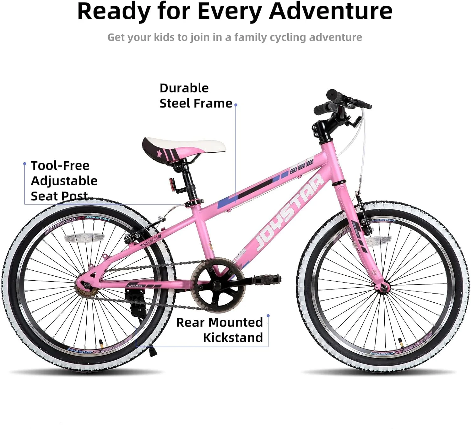 دوچرخه کودکانه JOYSTAR Lubbock سایز 20 و 24 اینچ برای پسران و دختران 7 تا 12 سال، دوچرخه کوهستانی هاردتیل با سیستم دنده 1 سرعته/7 سرعته، لاستیک های آج دار دیواره سفید
