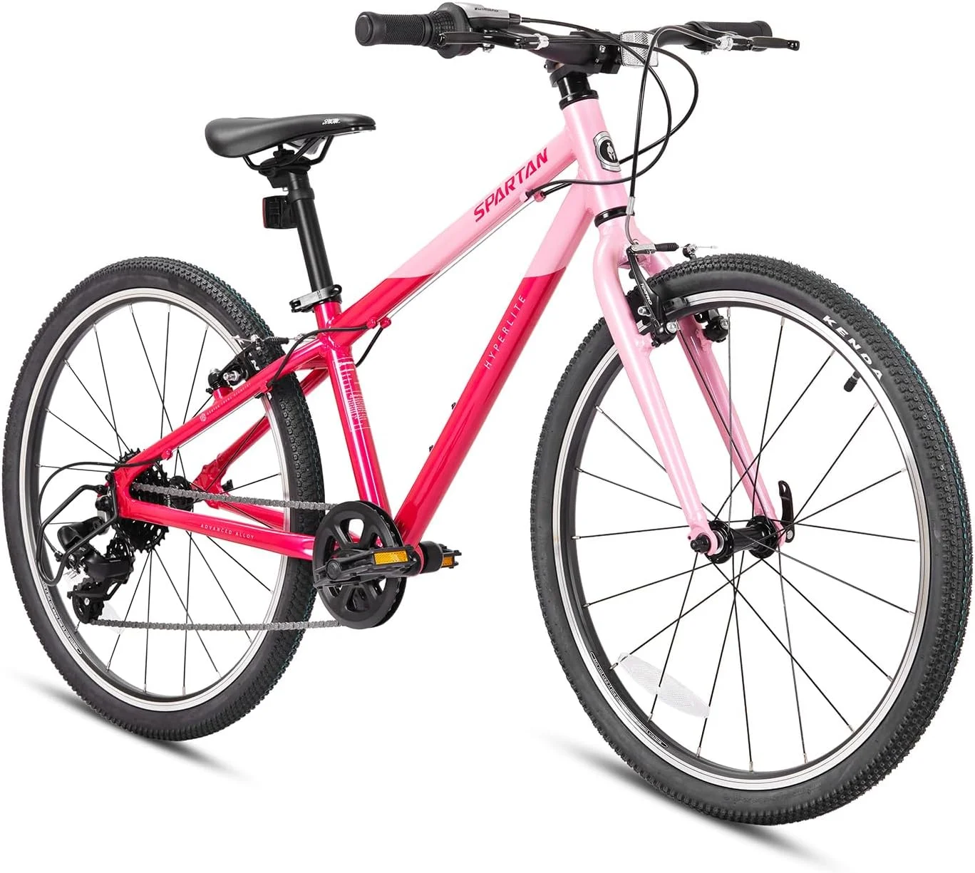 دوچرخه بچه گانه آلومینیومی هایپرلایت ۲۰ اینچی اسپارتان صورتی روشن | فریم آلیاژ ۶۰۶۱ فوق سبک ۹ کیلوگرمی، سیستم محرکه ۸ سرعته شیمانو، ترمزهای تکترو و هندسه ارگونومیک برای سنین ۷ تا ۱۰ سال | SP-3325-LP-20