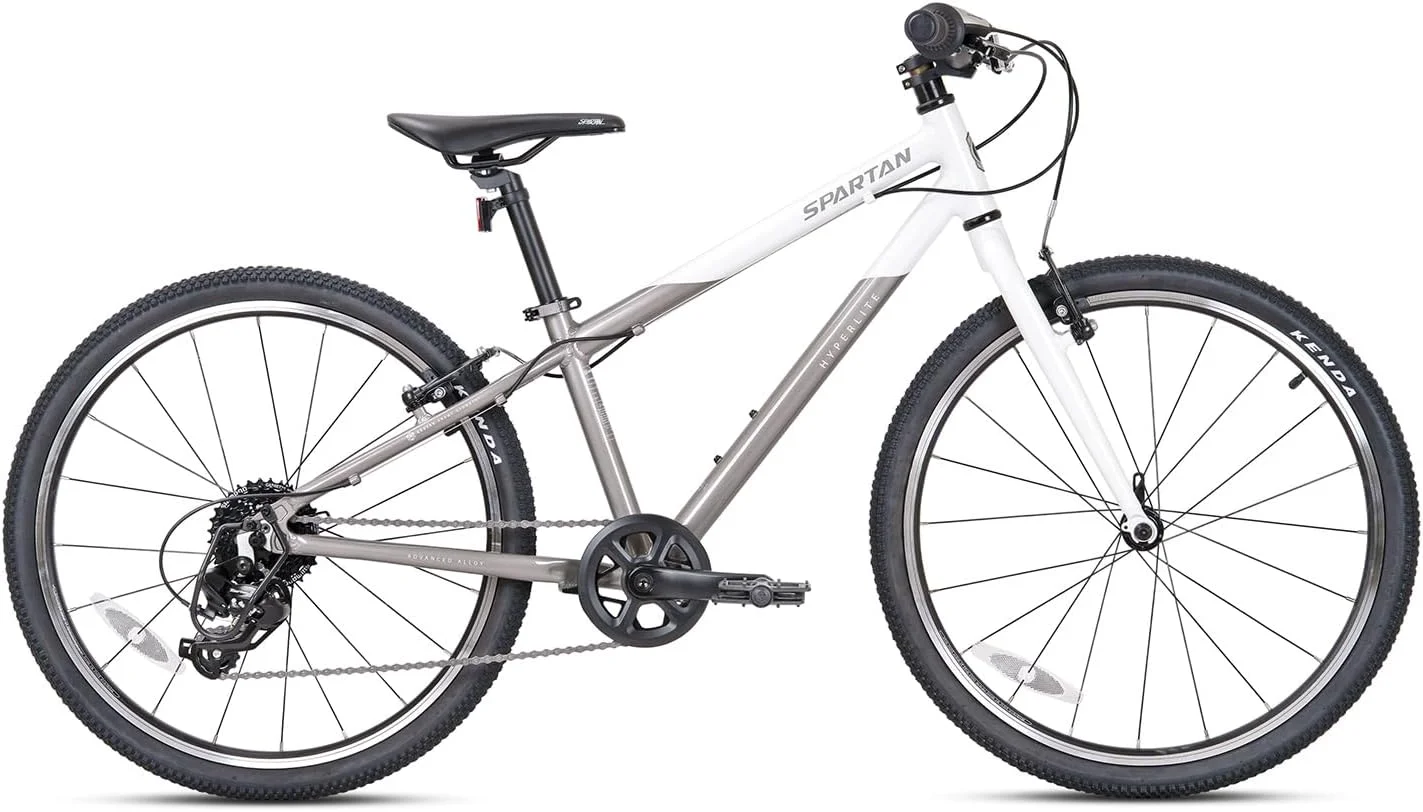 دوچرخه بچه گانه آلومینیومی اسپارتان هایپرلایت سایز 20 اینچ سفید/طلایی | فریم آلیاژ 6061 فوق سبک 9 کیلوگرمی، سیستم محرکه 8 سرعته Shimano، ترمزهای Tektro و هندسه ارگونومیک برای سنین 7-10 سال | SP-3325-WHTGO-20