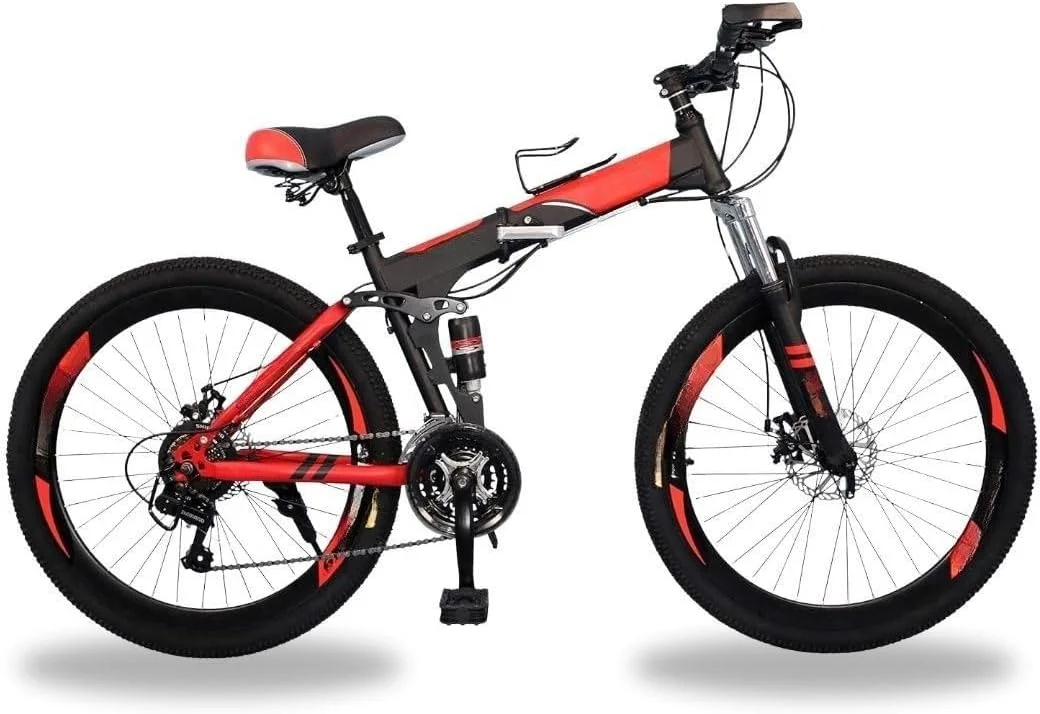 دوچرخه تاشو 20 اینچی، 21 دنده، دارای سیستم تعلیق دوبل، چرخ پره ای - دوچرخه کوهستان قرمز/مشکی
