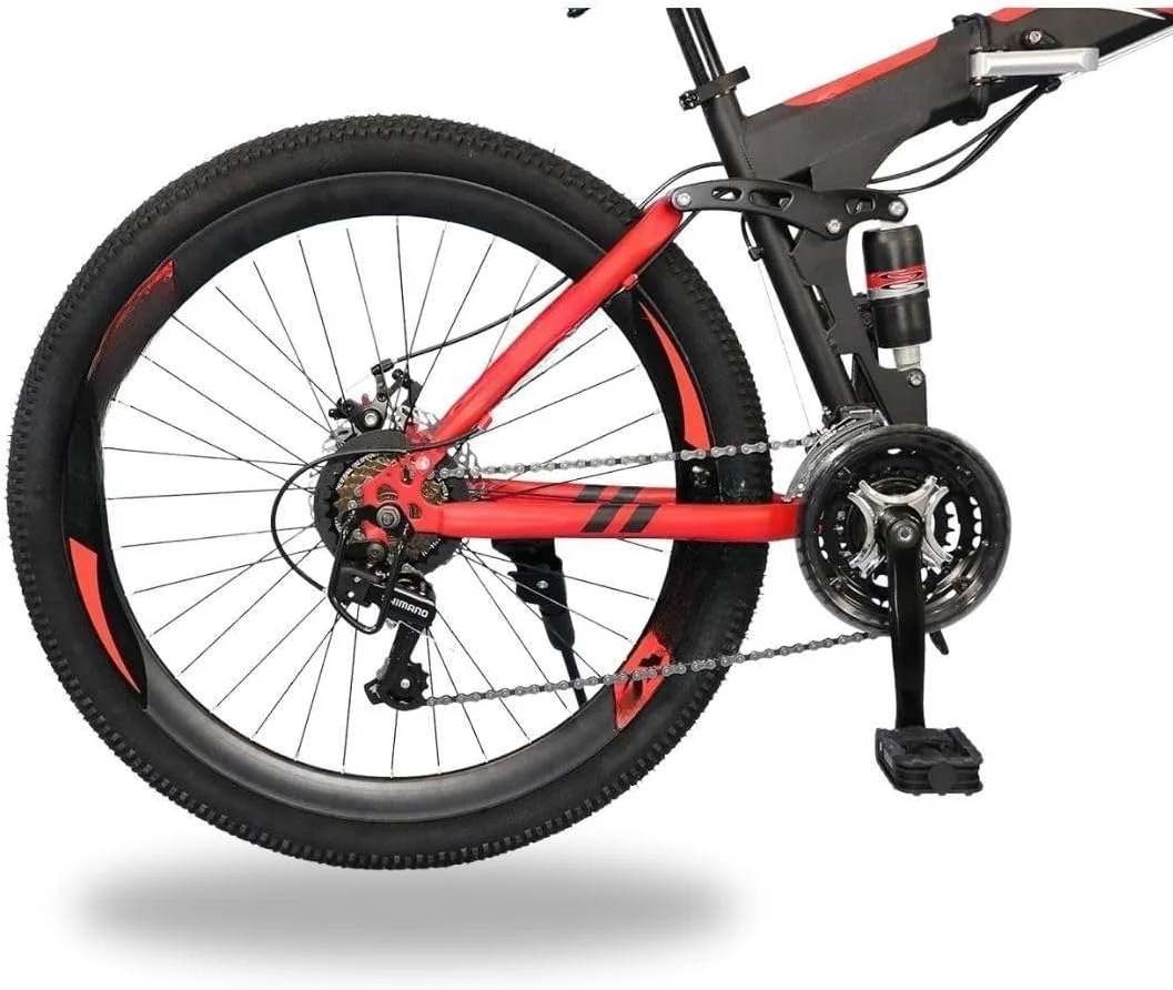 دوچرخه تاشو 20 اینچی، 21 دنده، دارای سیستم تعلیق دوبل، چرخ پره ای - دوچرخه کوهستان قرمز/مشکی