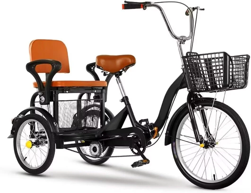 دوچرخه سه چرخه تاشو مناسب گردش و مسافرت، سه چرخه سه چرخ برای بزرگسالان و سالمندان، سه چرخه دو نفره با ترمزهای دوگانه، سه چرخه رکابی ریکشا با زنجیر دوبل، اسکوتر حرکتی 16 اینچی