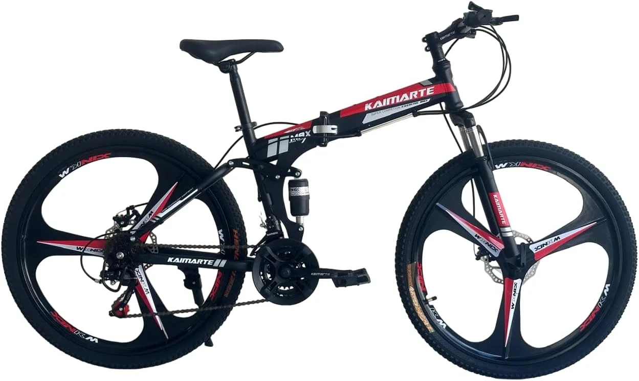 دوچرخه تاشو 26 اینچ، 21 دنده، کمک فنر دوبل، چرخ آلیاژی - دوچرخه کوهستان رنگ: مشکی/قرمز
