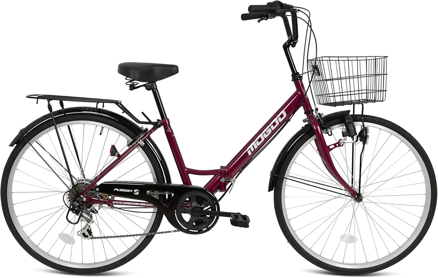 دوچرخه تاشو MOGOO FUSION، چرخ‌های 24/26 اینچی، 6 دنده Shimano، دوچرخه شهری برای آقایان و بانوان با سبد، ترمزهای کالیپر، فریم فولادی تاشو بادوام، چراغ دینام، صندلی قابل تنظیم