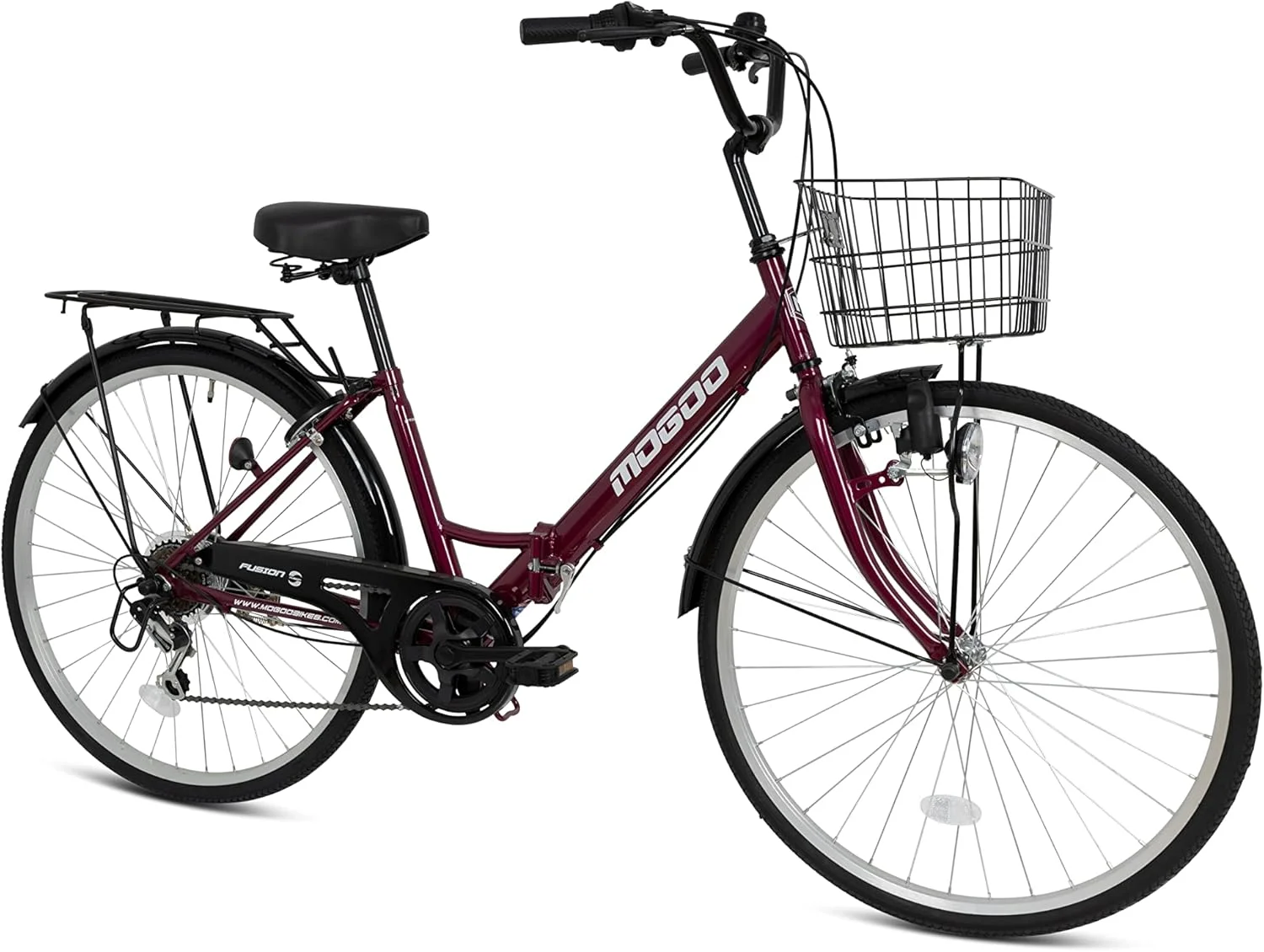 دوچرخه تاشو MOGOO FUSION، چرخ‌های 24/26 اینچی، 6 دنده Shimano، دوچرخه شهری برای آقایان و بانوان با سبد، ترمزهای کالیپر، فریم فولادی تاشو بادوام، چراغ دینام، صندلی قابل تنظیم