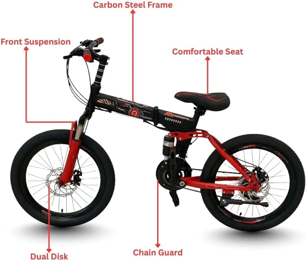 دوچرخه کوهستان تاشو 20 اینچی - دوچرخه 24 سرعته | سیستم تعلیق دوگانه | سیستم ترمز دیسکی | جمع و جور و قابل حمل | مشکی