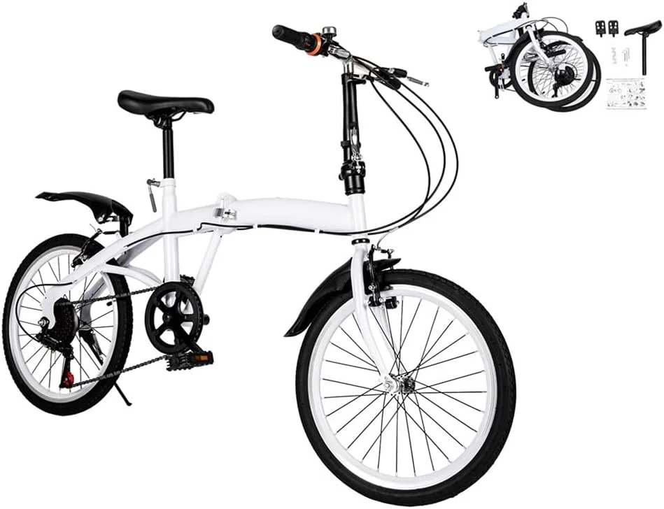 دوچرخه تاشو 20 اینچی بزرگسالان، دوچرخه آلیاژی سبک وزن تاشو شهری قابل حمل برای تناسب اندام و تفریح | 6 دنده، صندلی و فرمان قابل تنظیم | سفید