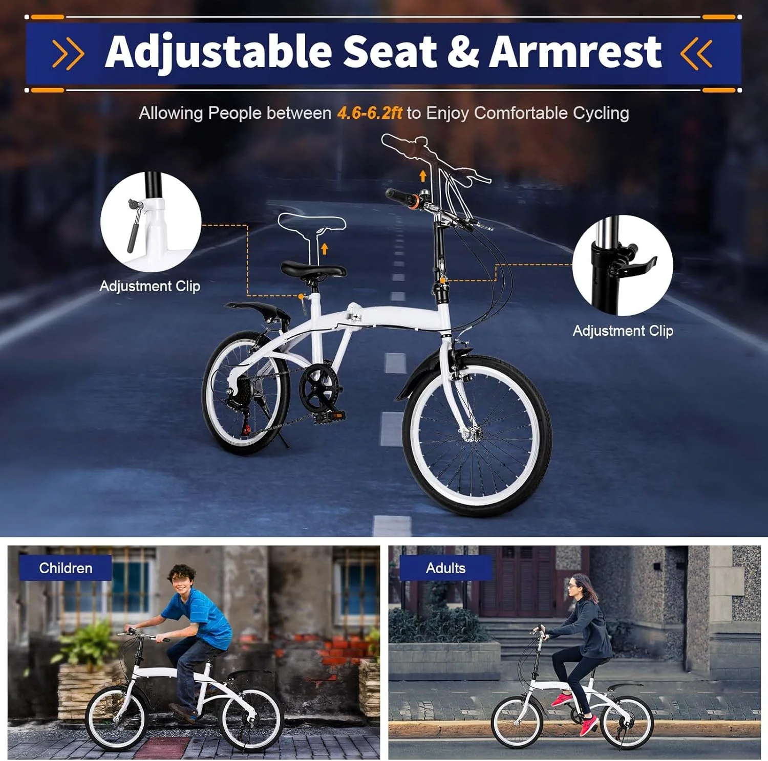 دوچرخه تاشو 20 اینچی بزرگسالان، دوچرخه آلیاژی سبک وزن تاشو شهری قابل حمل برای تناسب اندام و تفریح | 6 دنده، صندلی و فرمان قابل تنظیم | سفید دوچرخه تاشو 20 اینچی بزرگسالان، دوچرخه آلیاژی سبک وزن تاشو شهری قابل حمل برای تناسب اندام و تفریح | 6 دنده، صندلی و فرمان قابل تنظیم | سفید