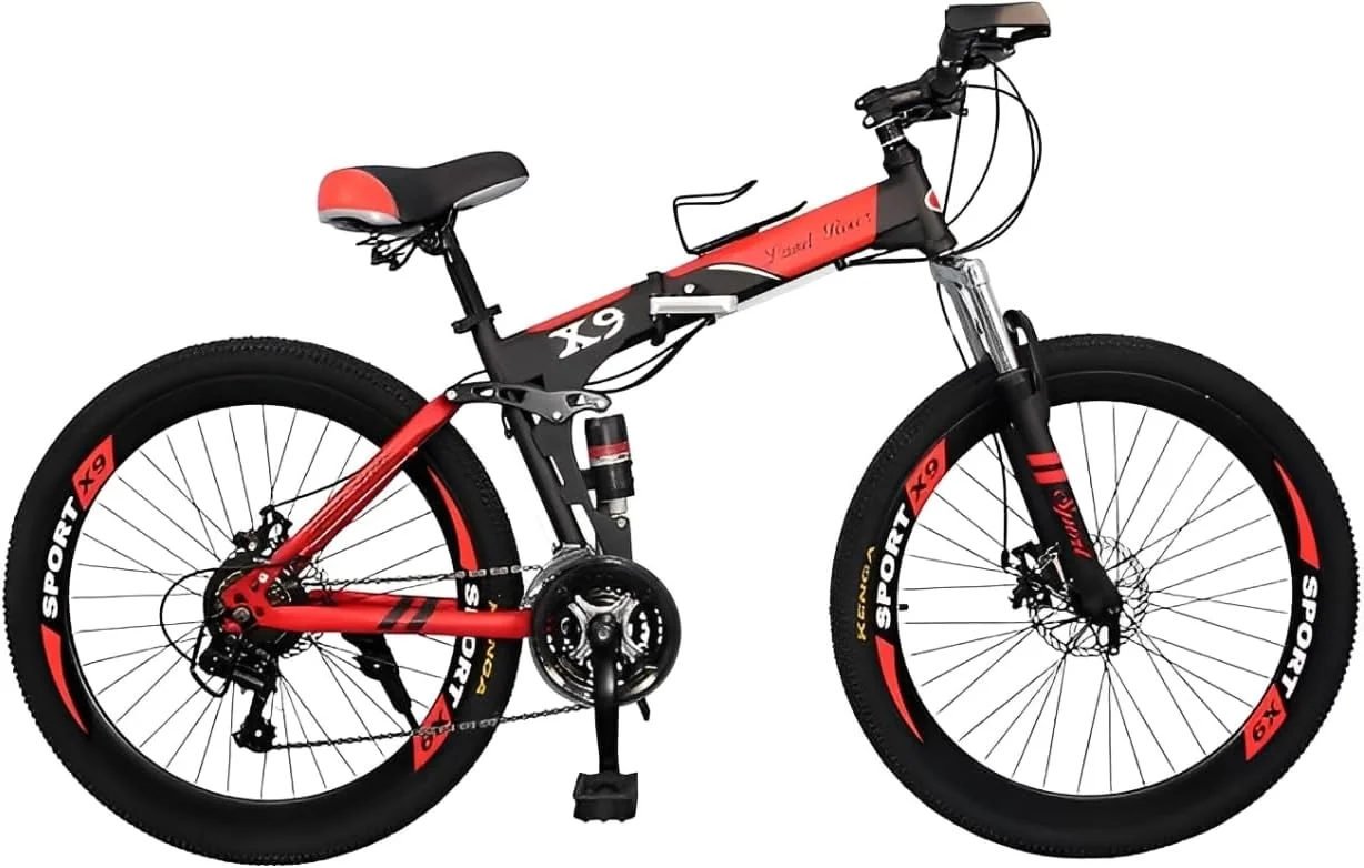 دوچرخه تاشو ورزشی و تناسب اندام کوهستان سایز 26 اینچ (مشکی/قرمز، 26)