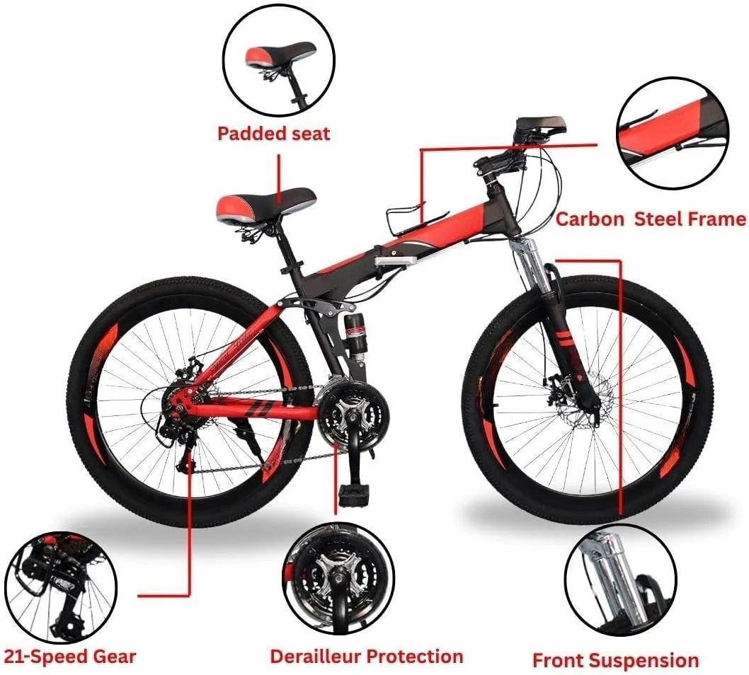 دوچرخه تاشو ورزشی و تناسب اندام کوهستان سایز 26 اینچ (مشکی/قرمز، 26)