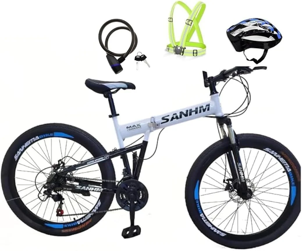 دوچرخه تاشو 26 اینچی، فریم فولاد کربنی، 21 دنده، چرخ پره ای، سیستم تعلیق جلو، ترمز دیسکی دوبل، مشکی