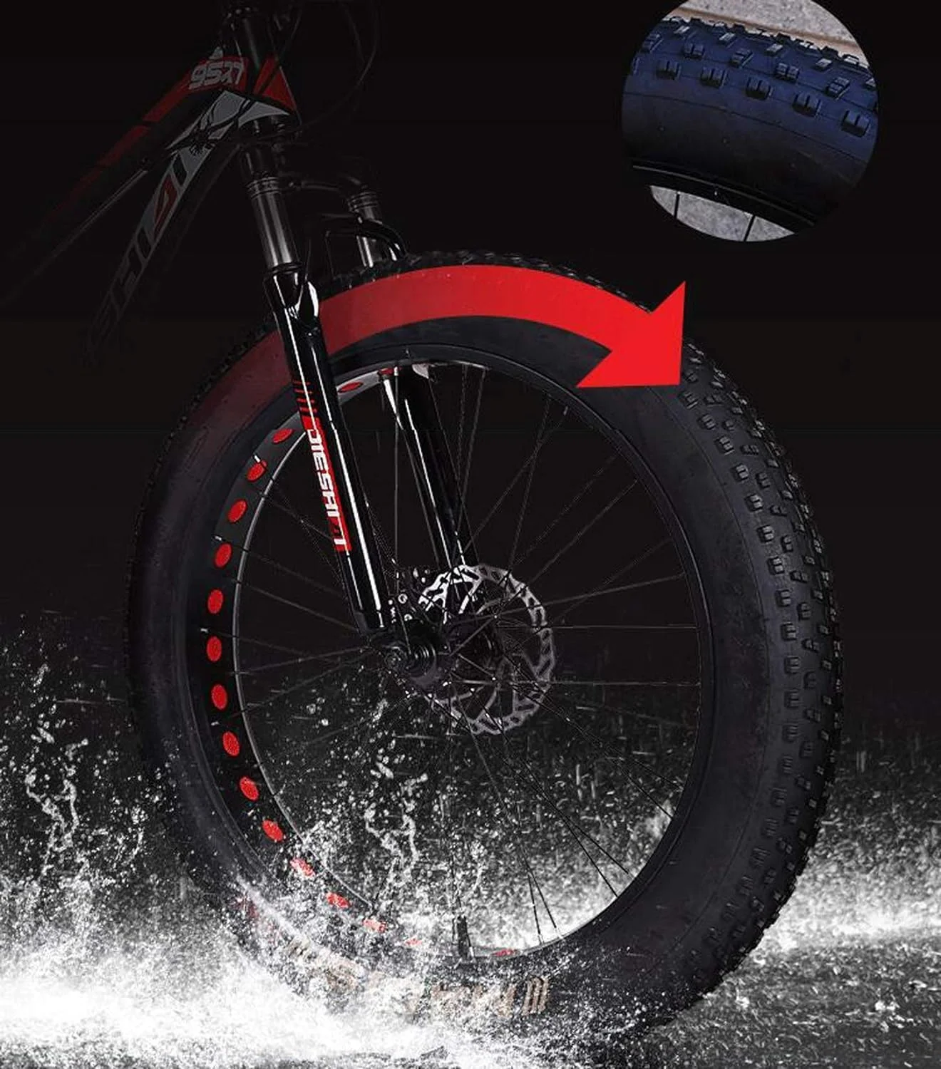 دوچرخه کوهستان ۲۶ اینچی با لاستیک پهن، ۷ دنده، سیستم تعلیق کامل و ترمز دیسکی دوگانه مناسب برای ساحل