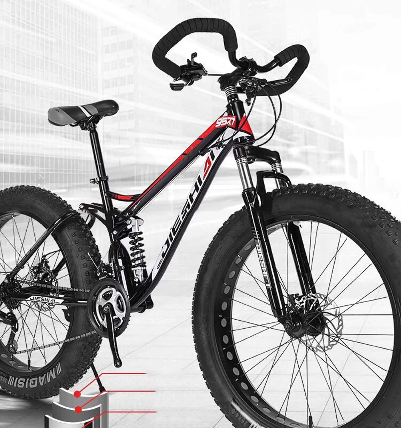 دوچرخه کوهستان ۲۶ اینچ با لاستیک پهن، ۷ دنده، سیستم تعلیق کامل و ترمز دیسکی دوبل مناسب برای ساحل