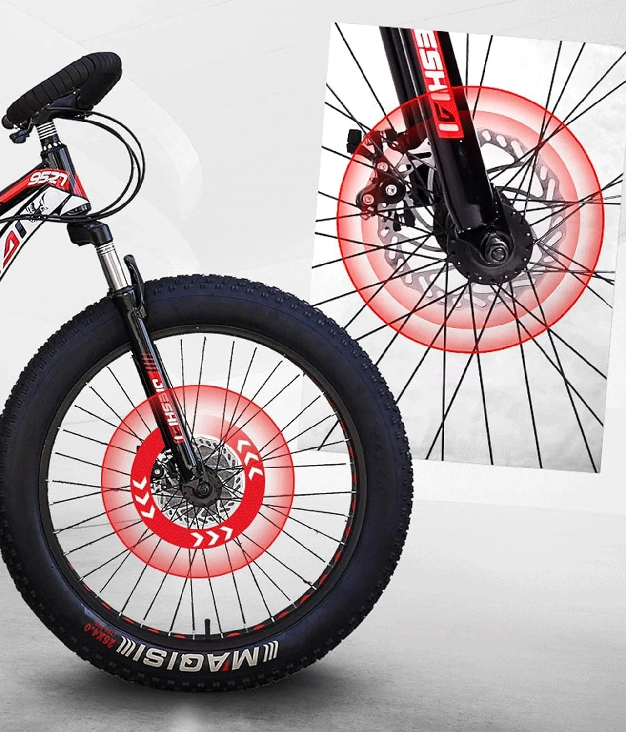 دوچرخه کوهستان ۲۶ اینچ با لاستیک پهن، ۷ دنده، سیستم تعلیق کامل و ترمز دیسکی دوبل مناسب برای ساحل