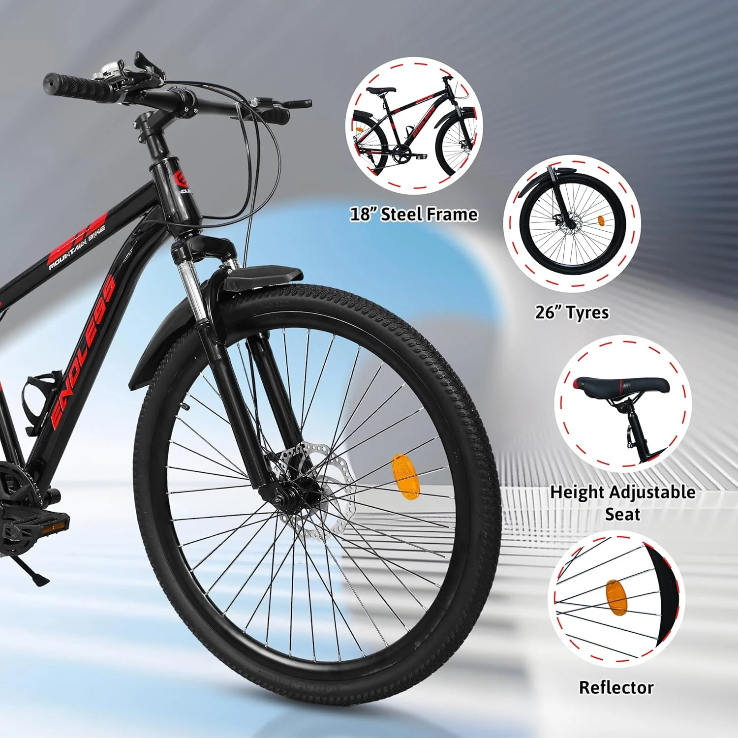دوچرخه کوهستانی با فریم فولادی کربنی 18 اینچی، چرخ‌های 26 اینچی و تعویض دنده شیمانو تورنی برای بزرگسالان | ترمزهای دیسکی، صندلی قابل تنظیم، لاستیک‌های مناسب تمام سطوح، سیستم تعلیق
