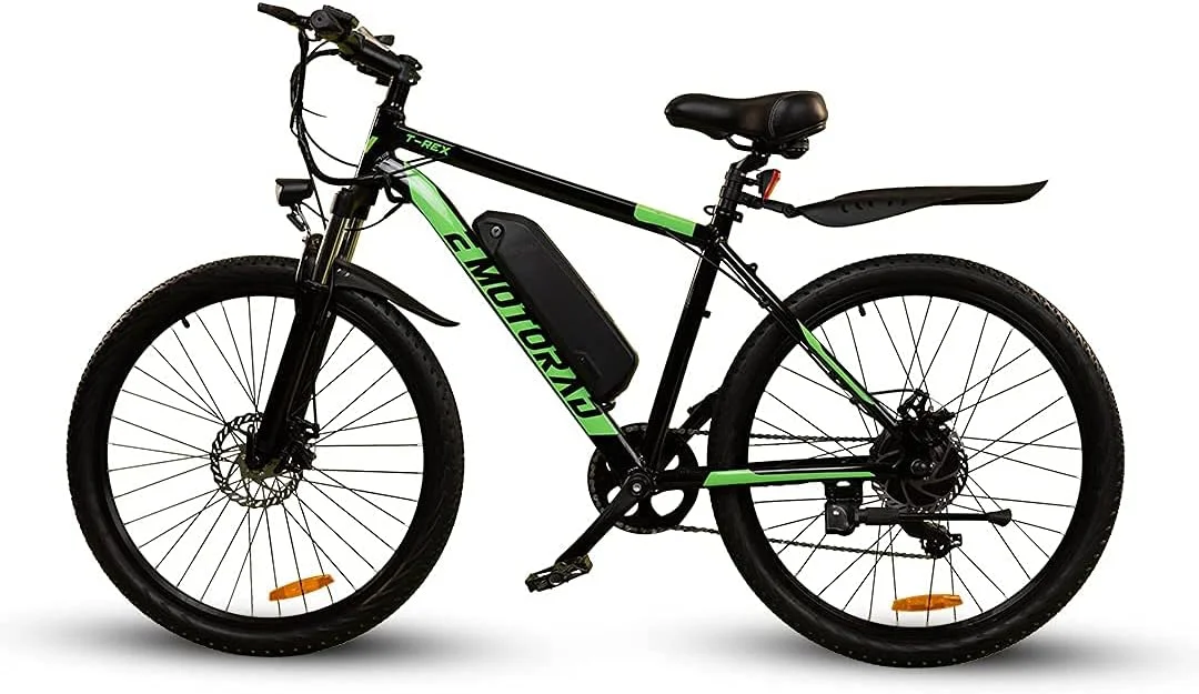 دوچرخه برقی ایموتوراد تی-رکس، مناسب آقایان و بانوان، سایز 26، دارای 7 دنده شیمانو، فریم 17 اینچی آلیاژ آلومینیوم 6061، دوشاخ کمک فنردار، مناسب کوهستان