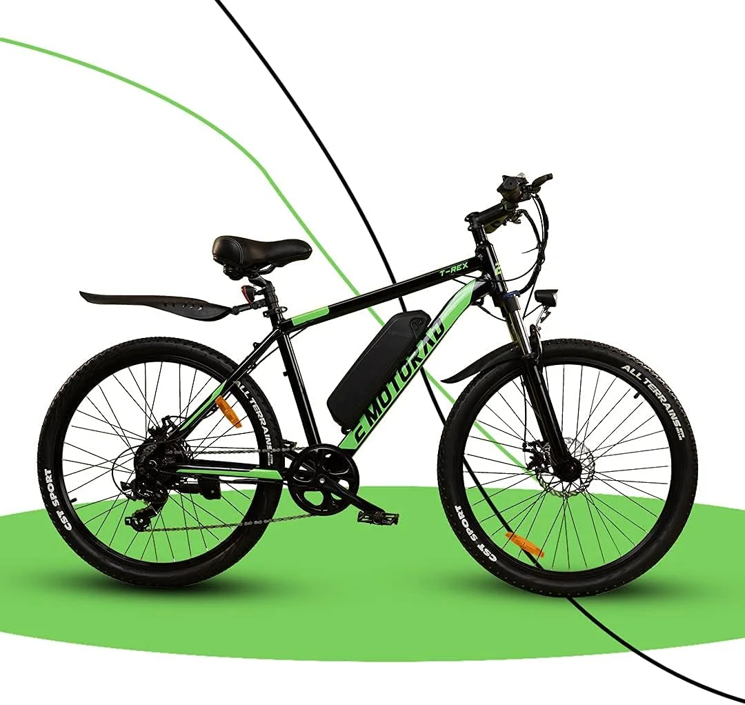 دوچرخه برقی ایموتوراد تی-رکس، مناسب آقایان و بانوان، سایز 26، دارای 7 دنده شیمانو، فریم 17 اینچی آلیاژ آلومینیوم 6061، دوشاخ کمک فنردار، مناسب کوهستان