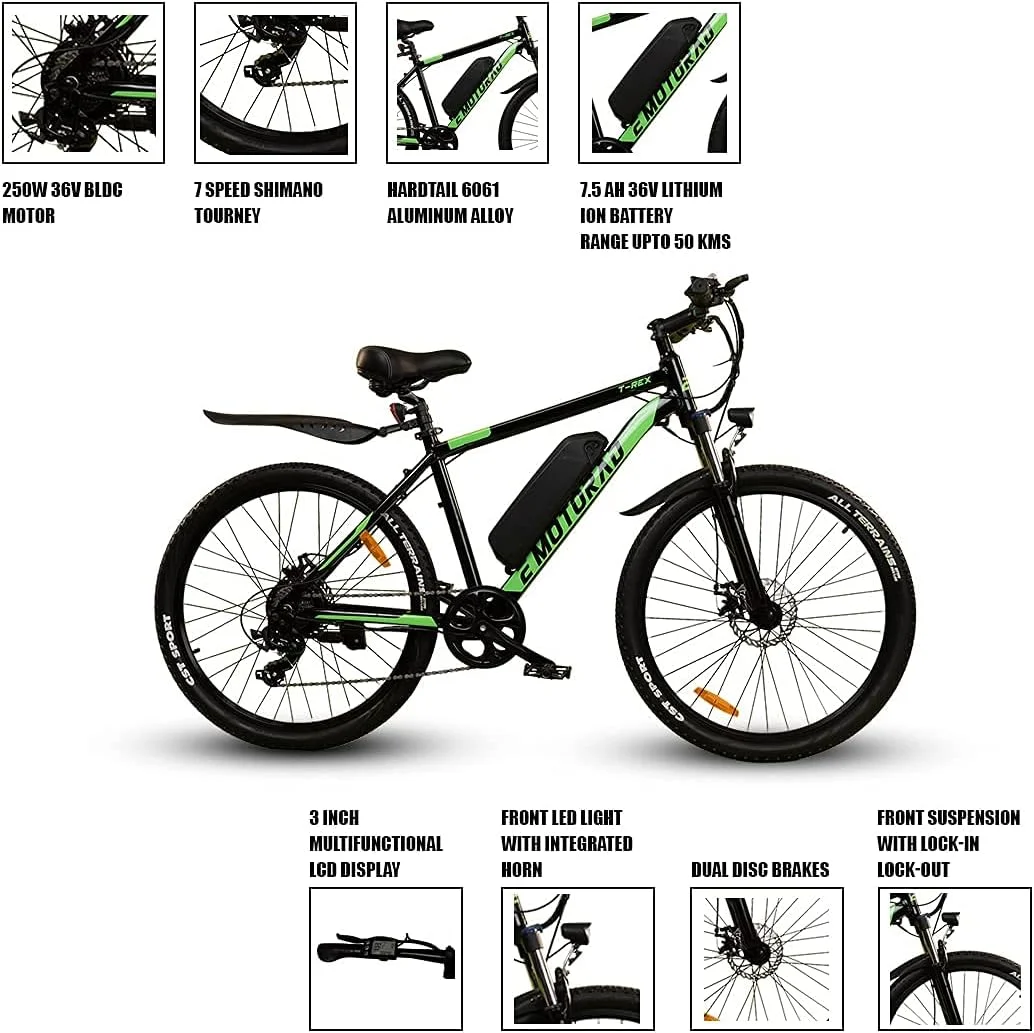 دوچرخه برقی ایموتوراد تی-رکس، مناسب آقایان و بانوان، سایز 26، دارای 7 دنده شیمانو، فریم 17 اینچی آلیاژ آلومینیوم 6061، دوشاخ کمک فنردار، مناسب کوهستان