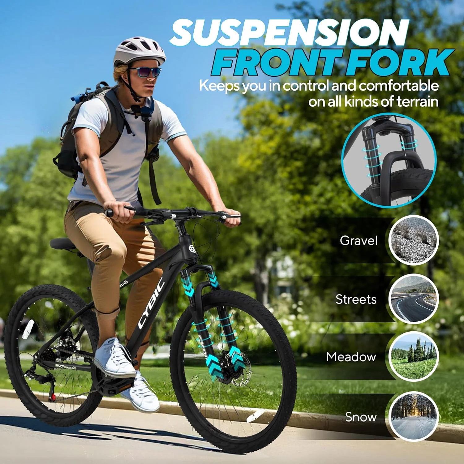 دوچرخه کوهستان سایبیک 24/26 اینچ، 21 دنده، ترمز دیسکی، دارای کمک فنر جلو، مناسب جوانان/بزرگسالان، آقایان و بانوان، دوچرخه شهری و برفی