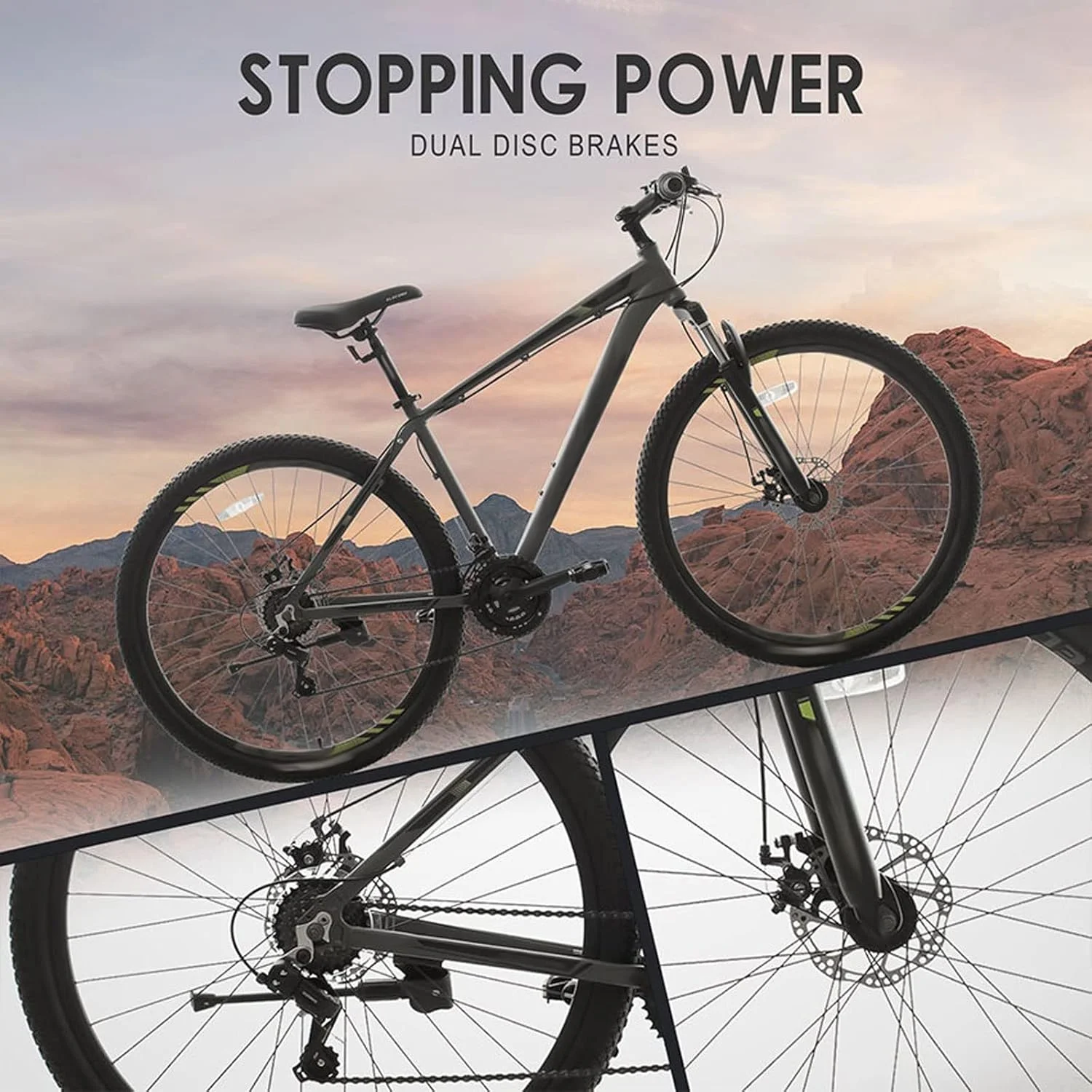 دوچرخه کوهستانی تفریحی برای مردان، زنان، بزرگسالان و دانشجویان، دوچرخه آلومینیومی با ترمز دیسکی دوبل، 21 سرعته، سیستم تعلیق و دوشاخ کمربندی