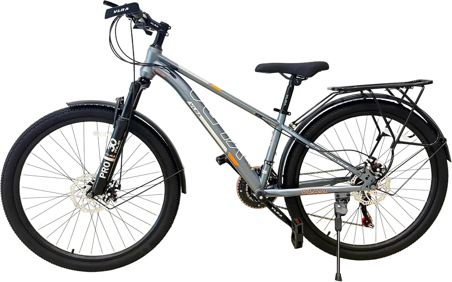 دوچرخه کوهستان Vlra، مشکی، چرخ‌های 26 اینچی، ترمزهای دیسکی، باربند عقب، دوشاخ تعلیق حرفه‌ای، مناسب تمام سطوح